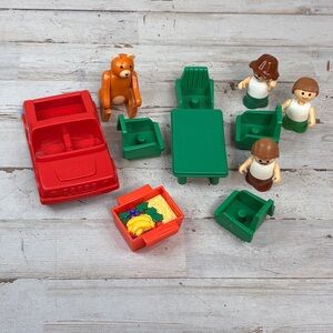 Vintage Fisher Price Little People Lot Of 11 Pieces, Furniture, Table Chair Car
